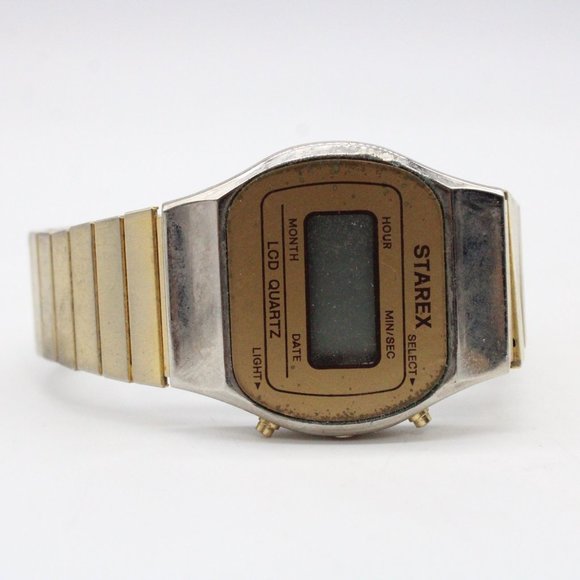 Vintage Starex Digital Watch Mens Gold Tone Stainless Steel LCD Quartz Retro 80s - Picture 5 of 8